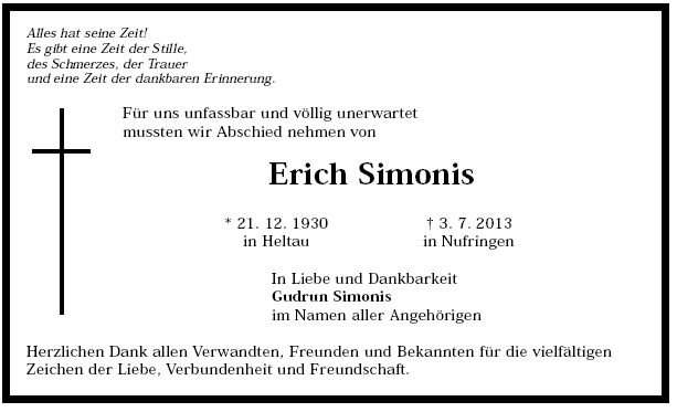 Simonis Erich 1930-2013 Todesanzeige